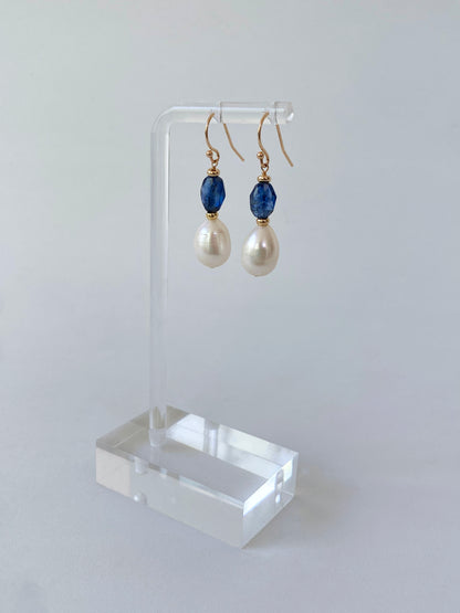 Pearl, Kyanite & Solid 14k Yellow Gold Hook Earrings