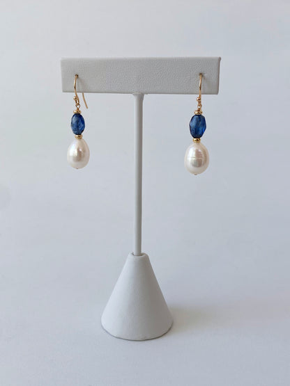 Pearl, Kyanite & Solid 14k Yellow Gold Hook Earrings