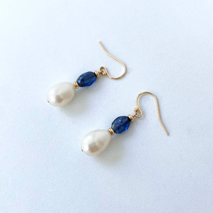 Pearl, Kyanite & Solid 14k Yellow Gold Hook Earrings