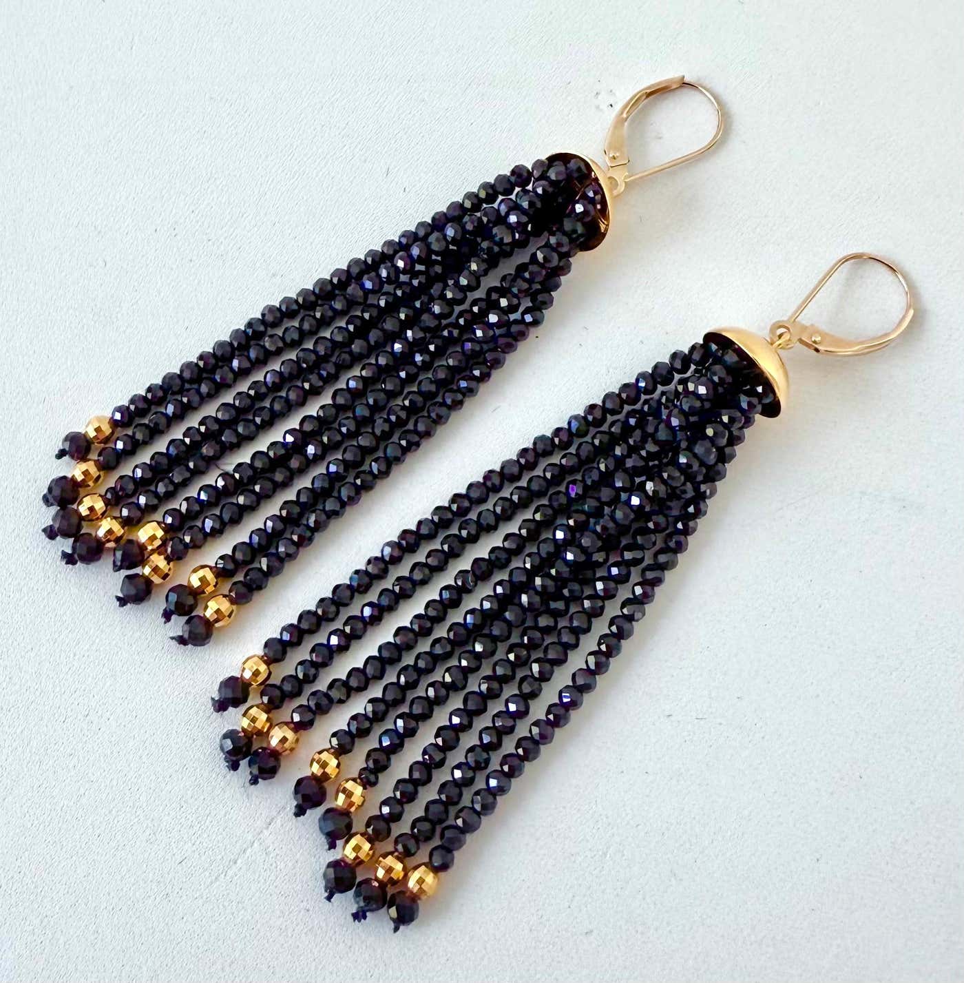Black Spinel Dangle Earrings with Solid 14k Lever Back Hooks