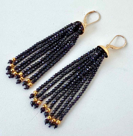 Black Spinel Dangle Earrings with Solid 14k Lever Back Hooks