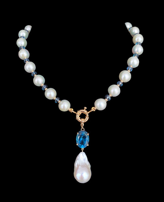 London Blue Topaz, Pearl & Solid 14k Gold Necklace