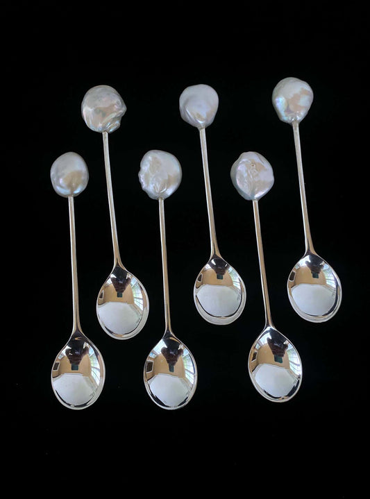 Vintage Silver Plated Spoon Set with Baroque Pearls