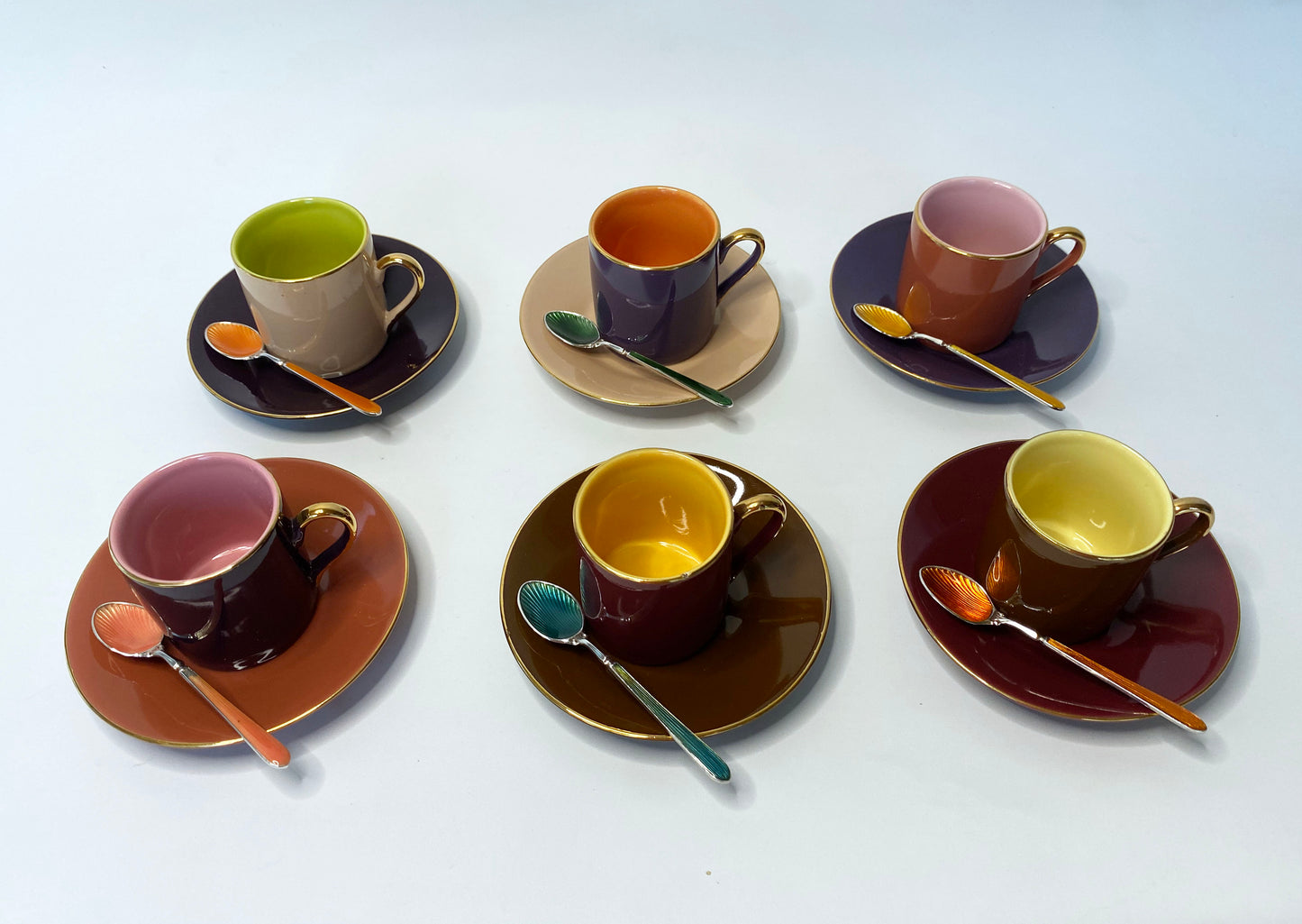 Multi Colored Coffee Cup Set with Decorative Enamel Spoons