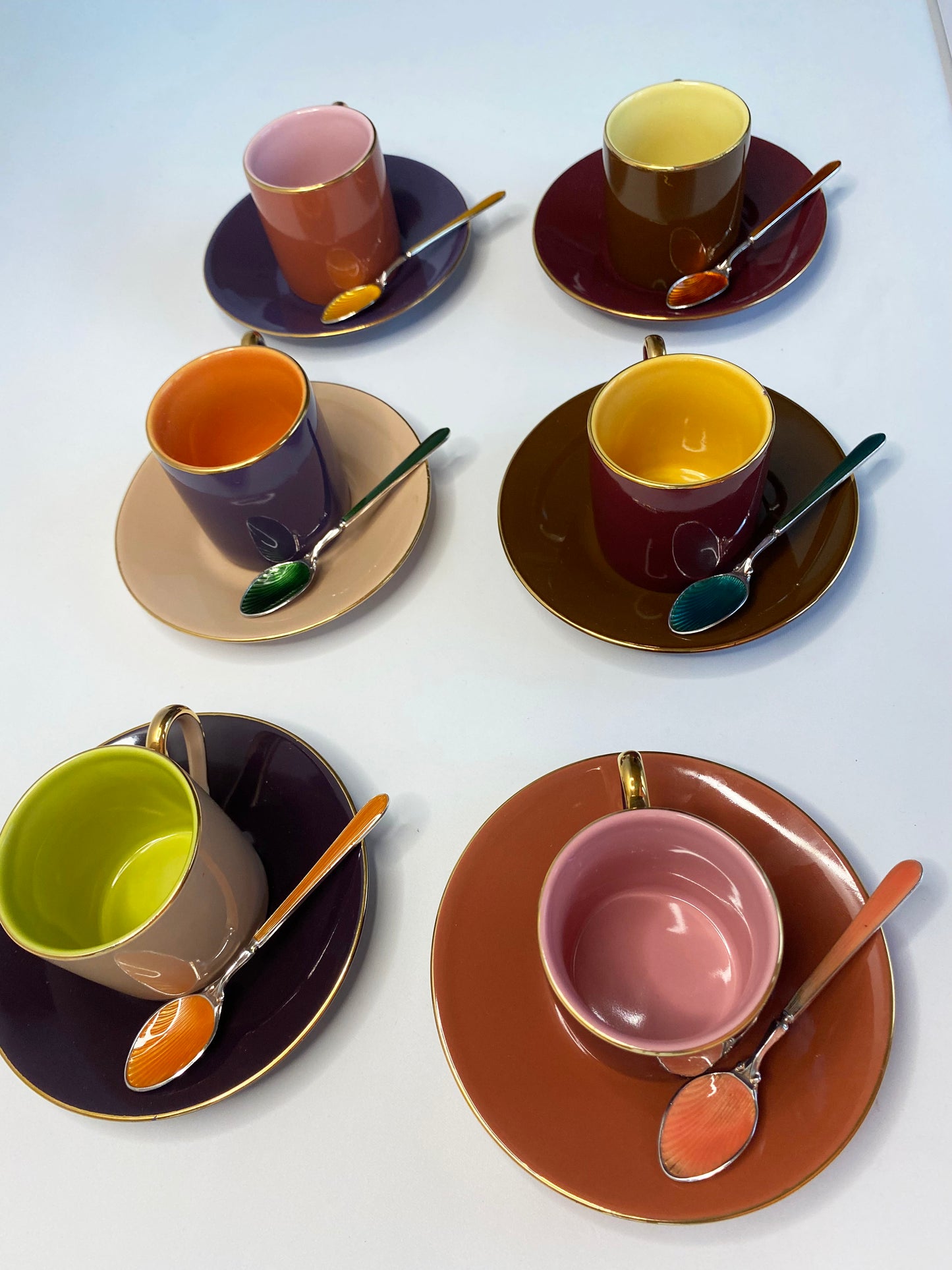 Multi Colored Coffee Cup Set with Decorative Enamel Spoons