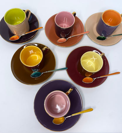 Multi Colored Coffee Cup Set with Decorative Enamel Spoons