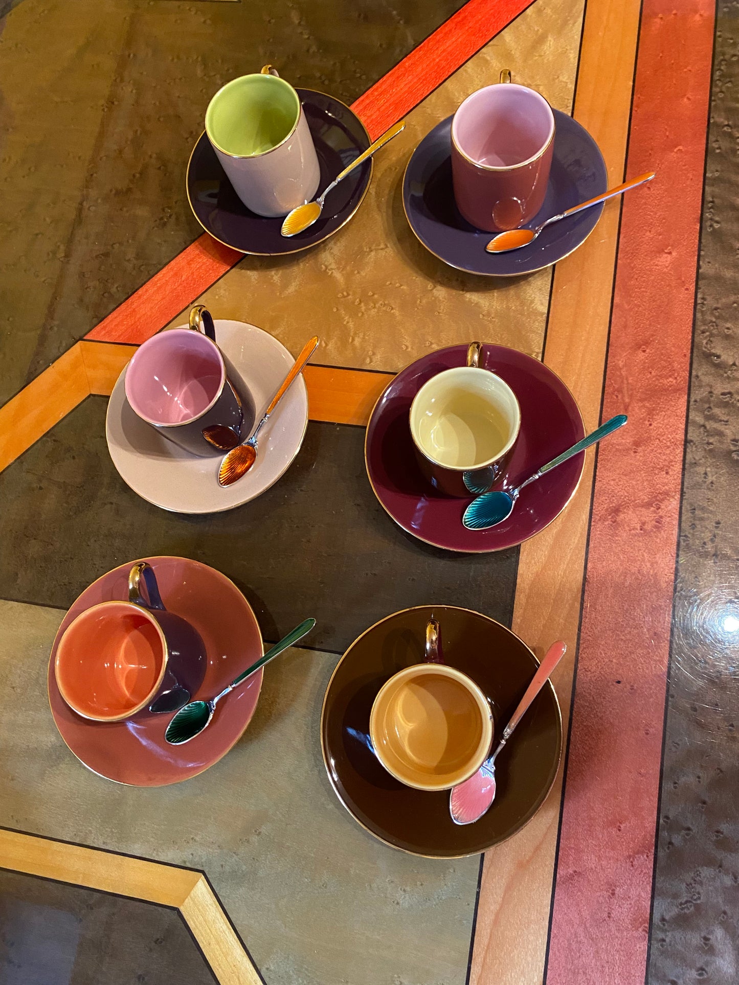 Multi Colored Coffee Cup Set with Decorative Enamel Spoons