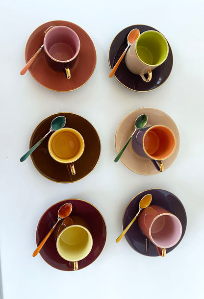 Multi Colored Coffee Cup Set with Decorative Enamel Spoons