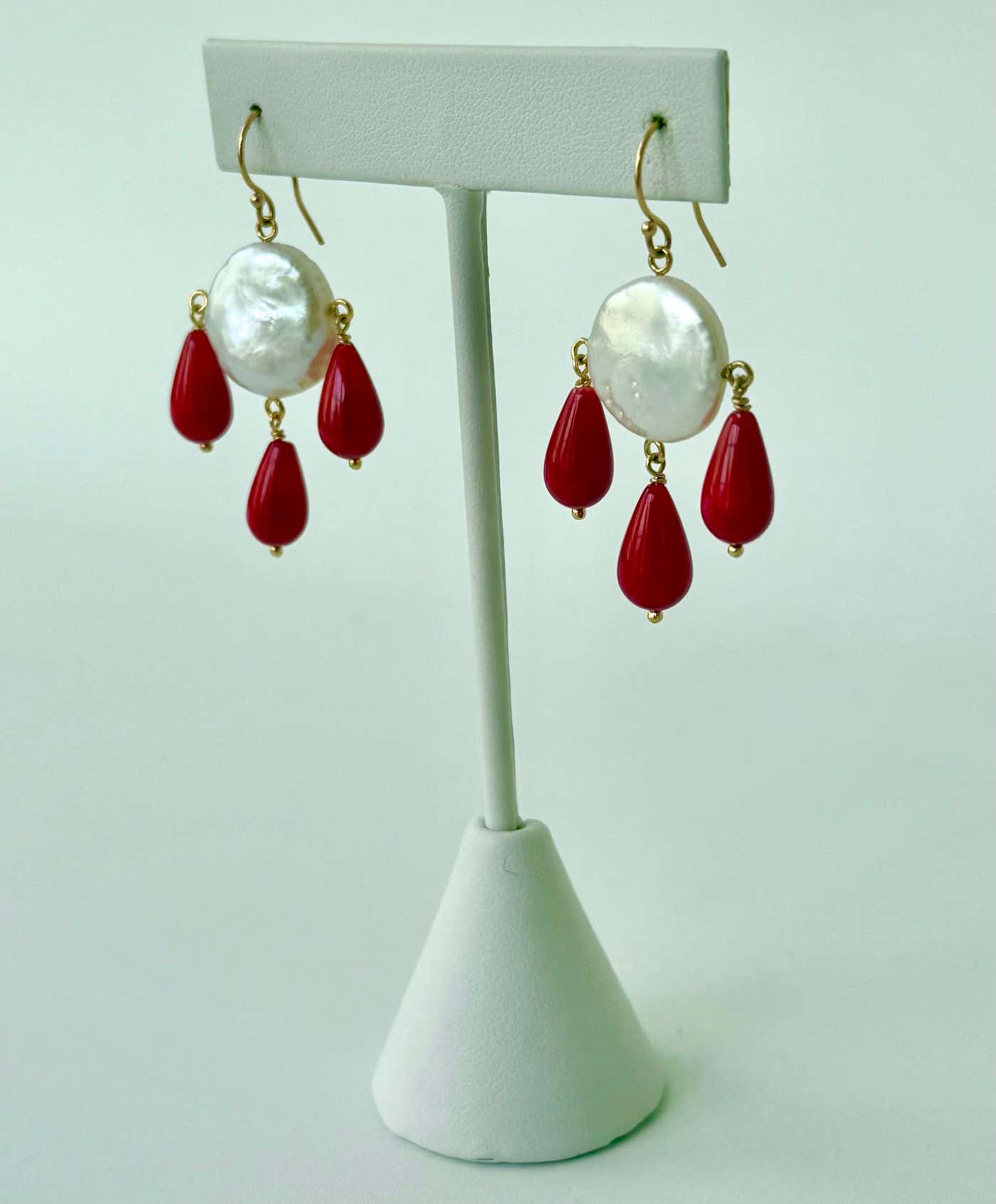 Pearl & Coral Chandelier Earrings with Solid 14k Yellow Gold