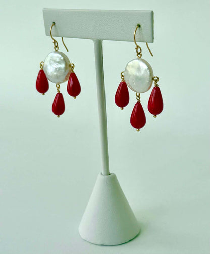 Pearl & Coral Chandelier Earrings with Solid 14k Yellow Gold