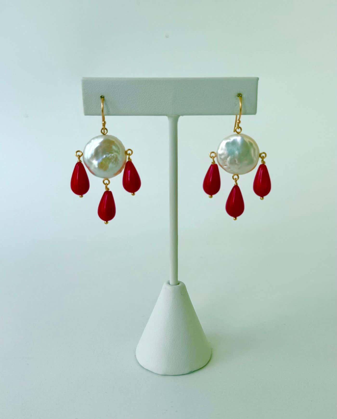 Pearl & Coral Chandelier Earrings with Solid 14k Yellow Gold