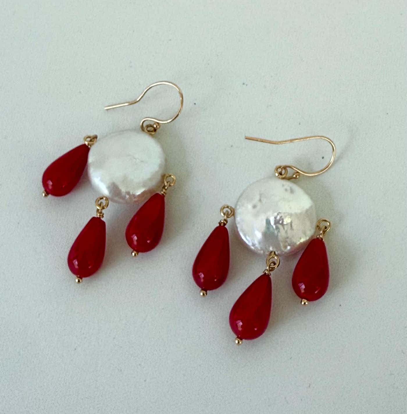 Pearl & Coral Chandelier Earrings with Solid 14k Yellow Gold