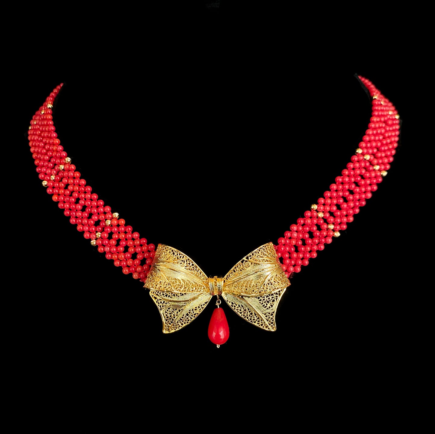 Coral Woven Necklace with 18k Plated Bowtie Centerpiece & Detailings