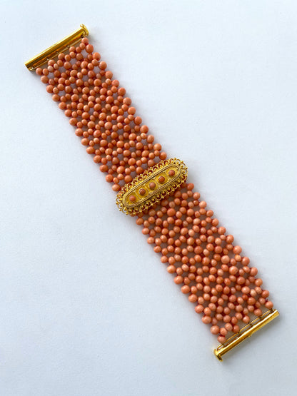Coral Woven Bracelet with 18k Yellow Gold Plated Centerpiece & Clasp