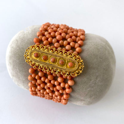 Coral Woven Bracelet with 18k Yellow Gold Plated Centerpiece & Clasp