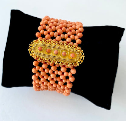 Coral Woven Bracelet with 18k Yellow Gold Plated Centerpiece & Clasp