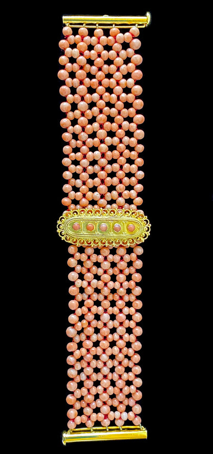 Coral Woven Bracelet with 18k Yellow Gold Plated Centerpiece & Clasp