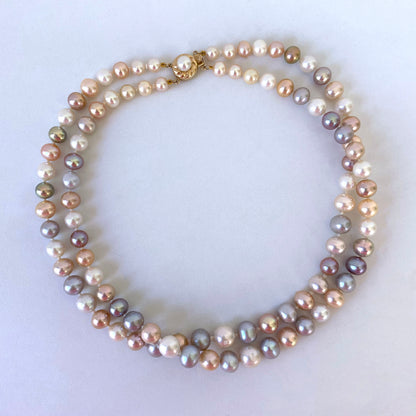 Double Strand Pearl Necklace with Solid 14k Yellow Gold Clasp