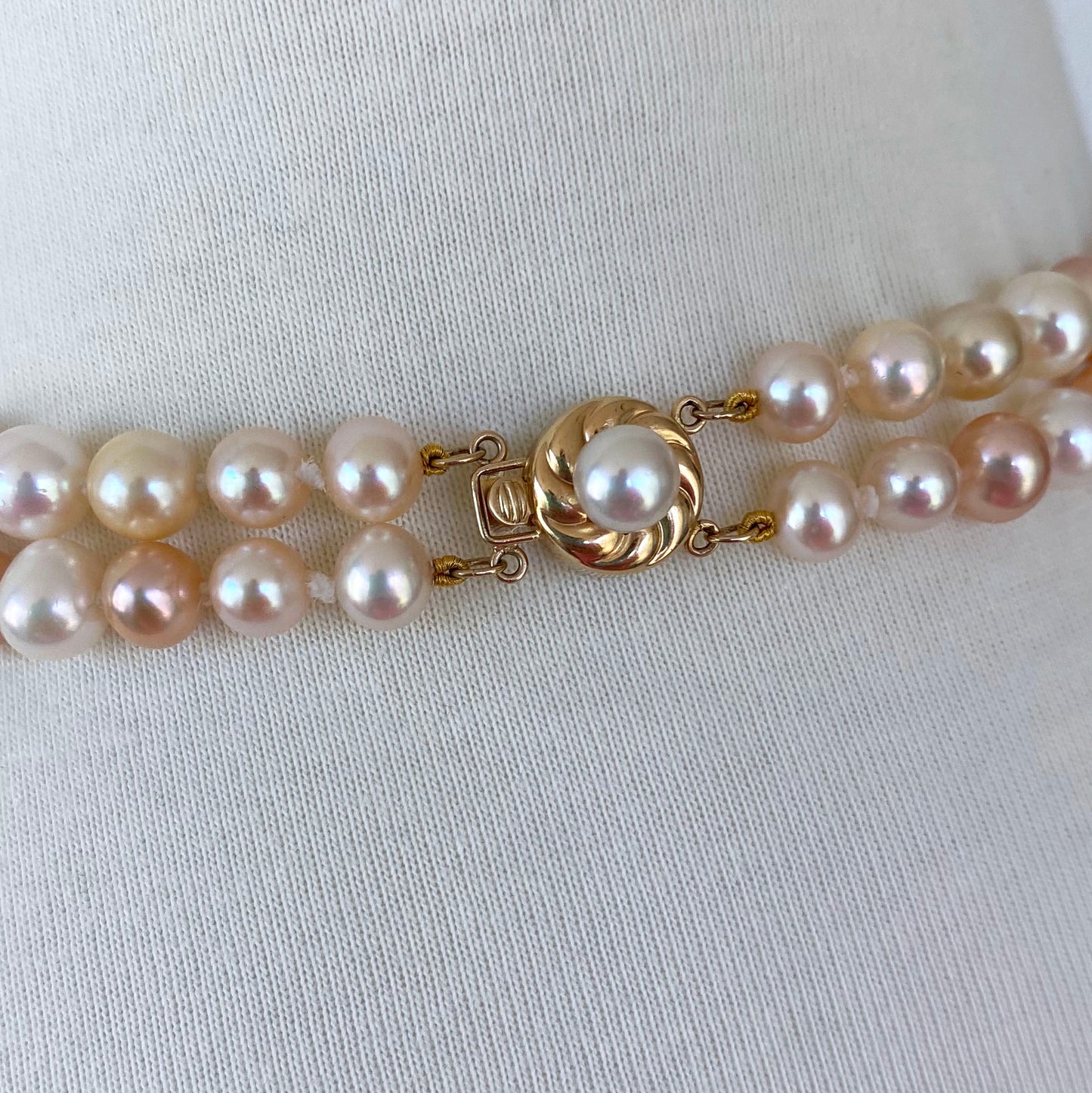 Double Strand Pearl Necklace with Solid 14k Yellow Gold Clasp