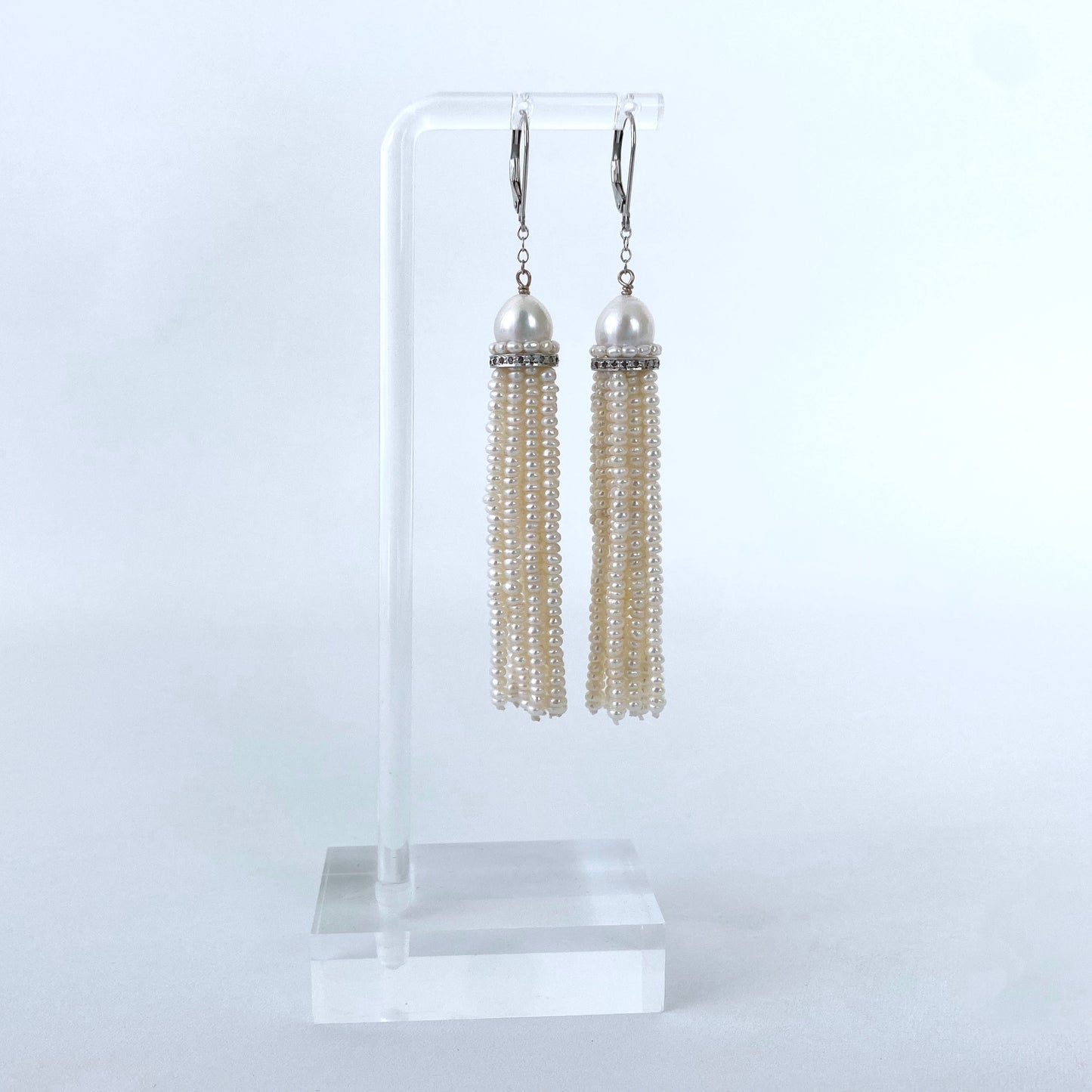 Pearl Tassel Earrings with Rhodium plated Silver & Diamonds