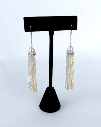 Pearl Tassel Earrings with Rhodium plated Silver & Diamonds