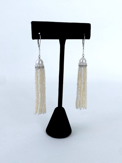 Pearl Tassel Earrings with Rhodium plated Silver & Diamonds