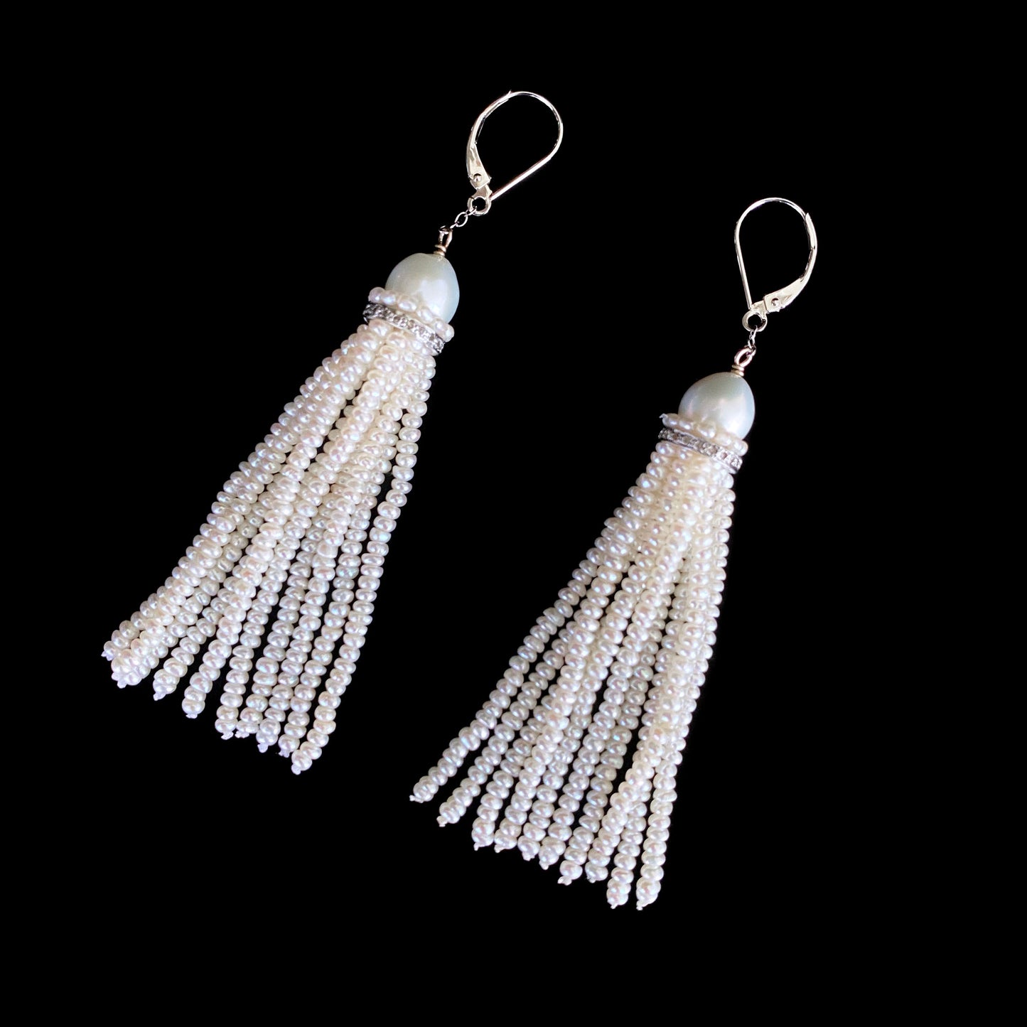 Pearl Tassel Earrings with Rhodium plated Silver & Diamonds