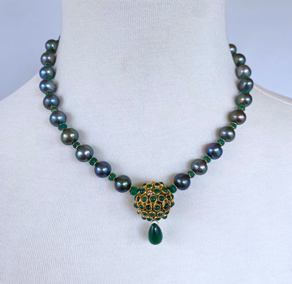 One of A Kind Black Pearl, Emerald & Solid 14k Yellow Gold Necklace