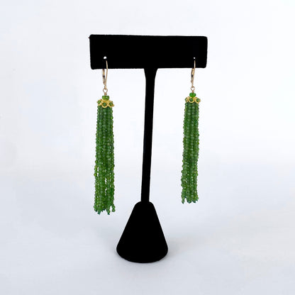 Chrome Diopside Tassel Earrings with solid 14k Yellow Gold & Lever Backs