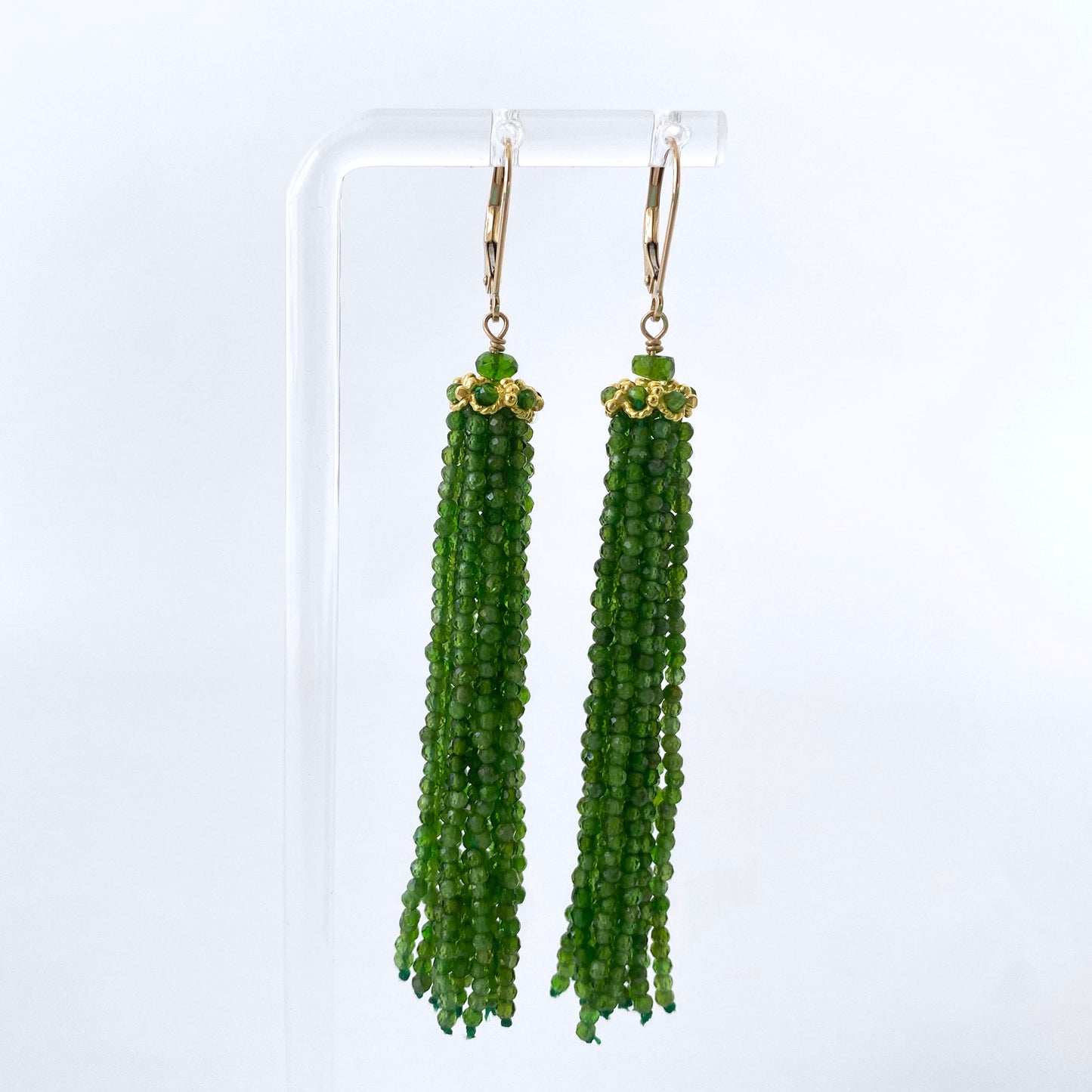 Chrome Diopside Tassel Earrings with solid 14k Yellow Gold & Lever Backs