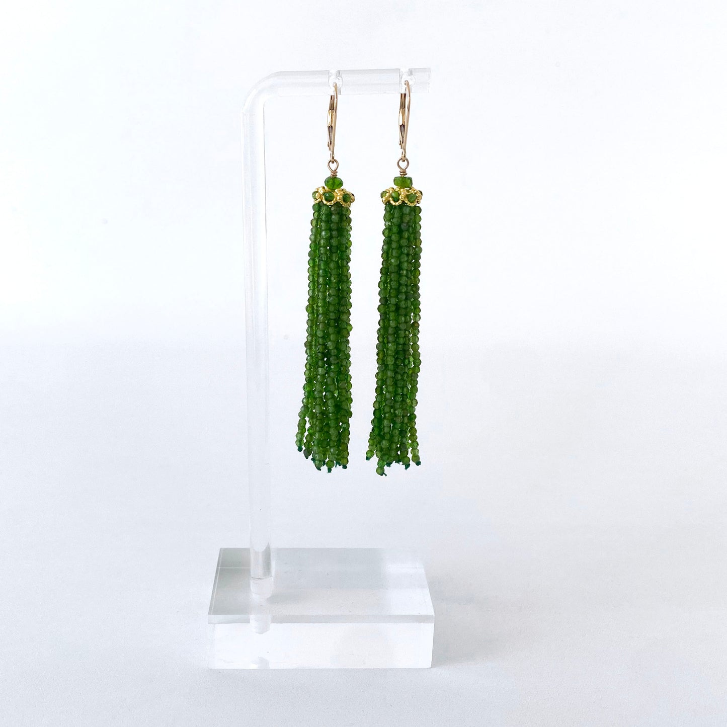 Chrome Diopside Tassel Earrings with solid 14k Yellow Gold & Lever Backs