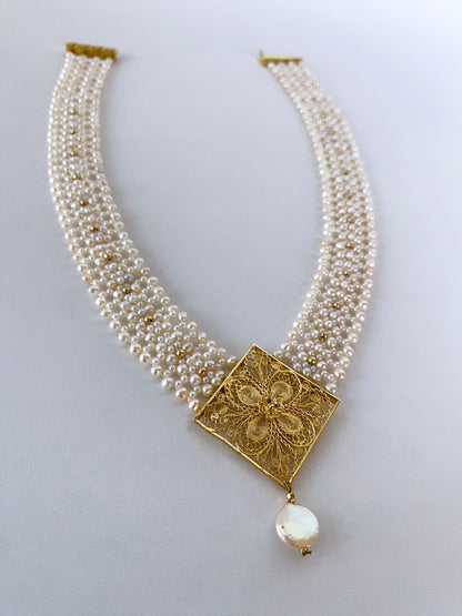 Pearl Woven Necklace with Gold Plated Centerpiece & Findings