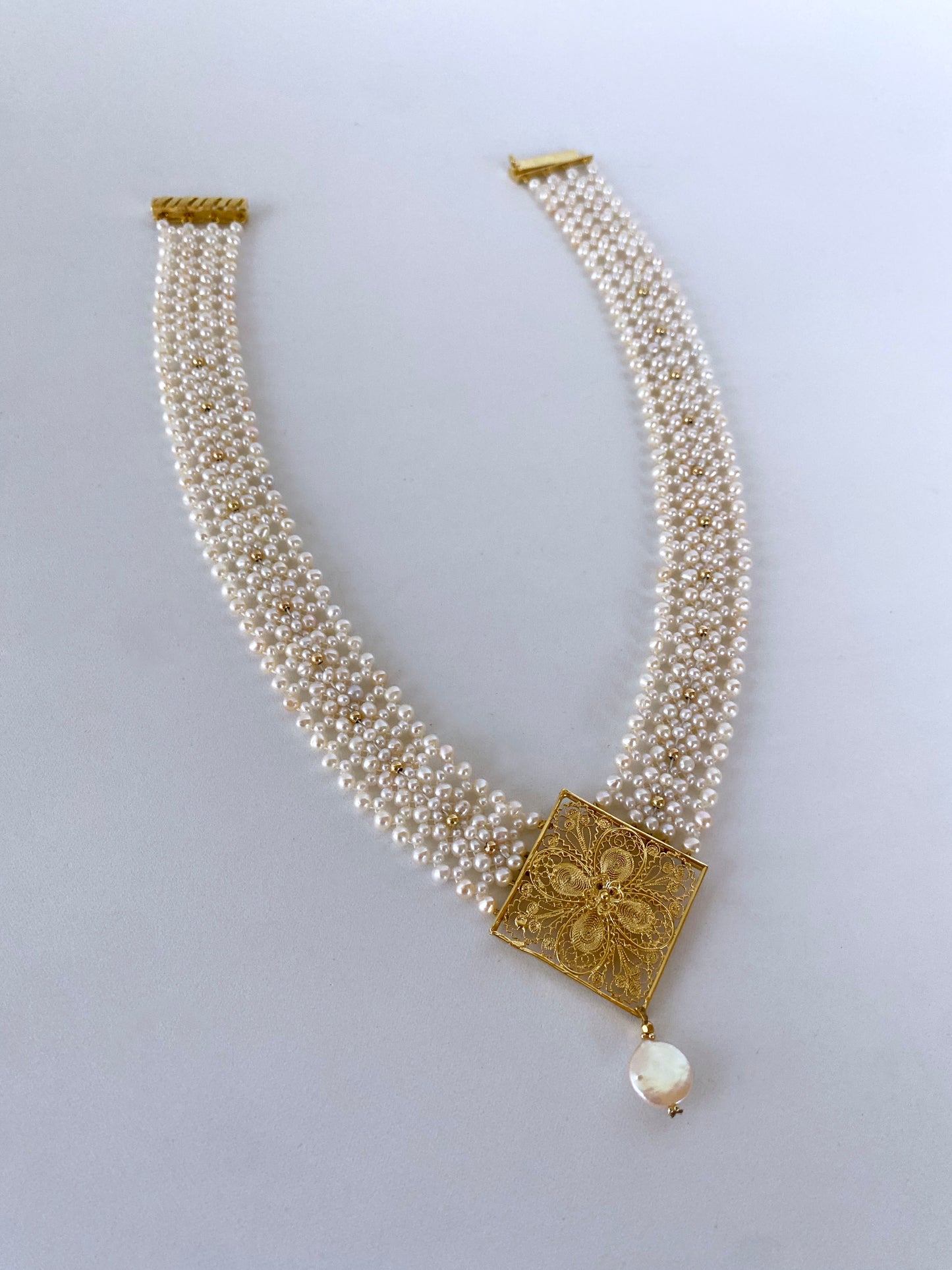 Pearl Woven Necklace with Gold Plated Centerpiece & Findings