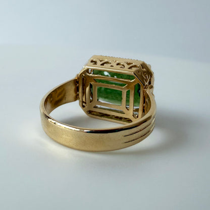 Green Tourmaline & Diamond Halo Ring with Solid 14k Yellow Gold