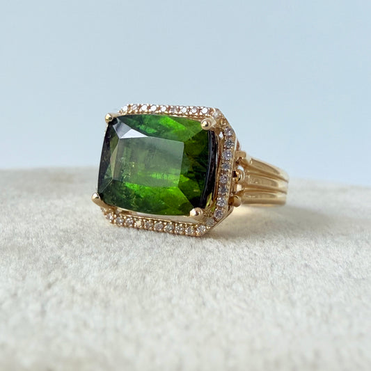 Green Tourmaline & Diamond Halo Ring with Solid 14k Yellow Gold