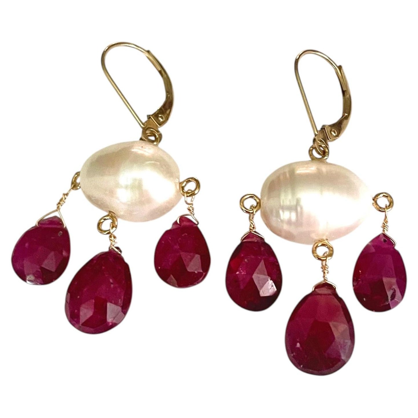 Garnet & Pearl Three Drop Earrings with 14k Yellow Gold