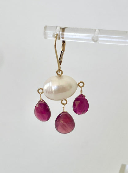 Garnet & Pearl Three Drop Earrings with 14k Yellow Gold