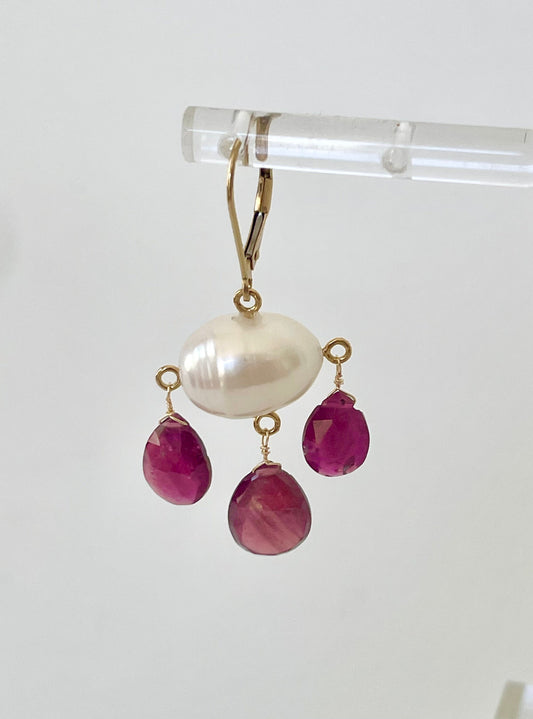 Garnet & Pearl Three Drop Earrings with 14k Yellow Gold