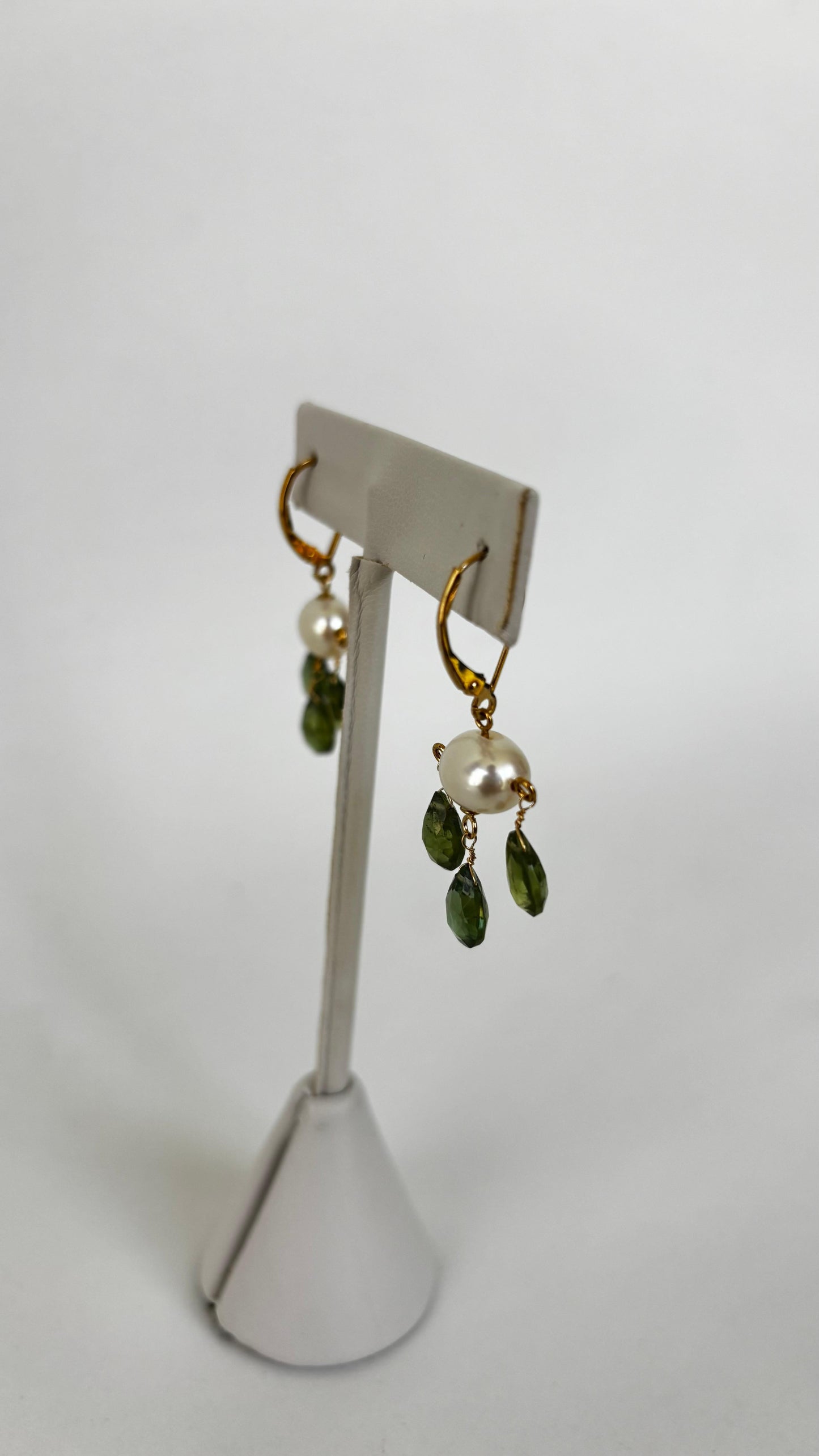 Green Tourmaline and Pearl Three Drop earring