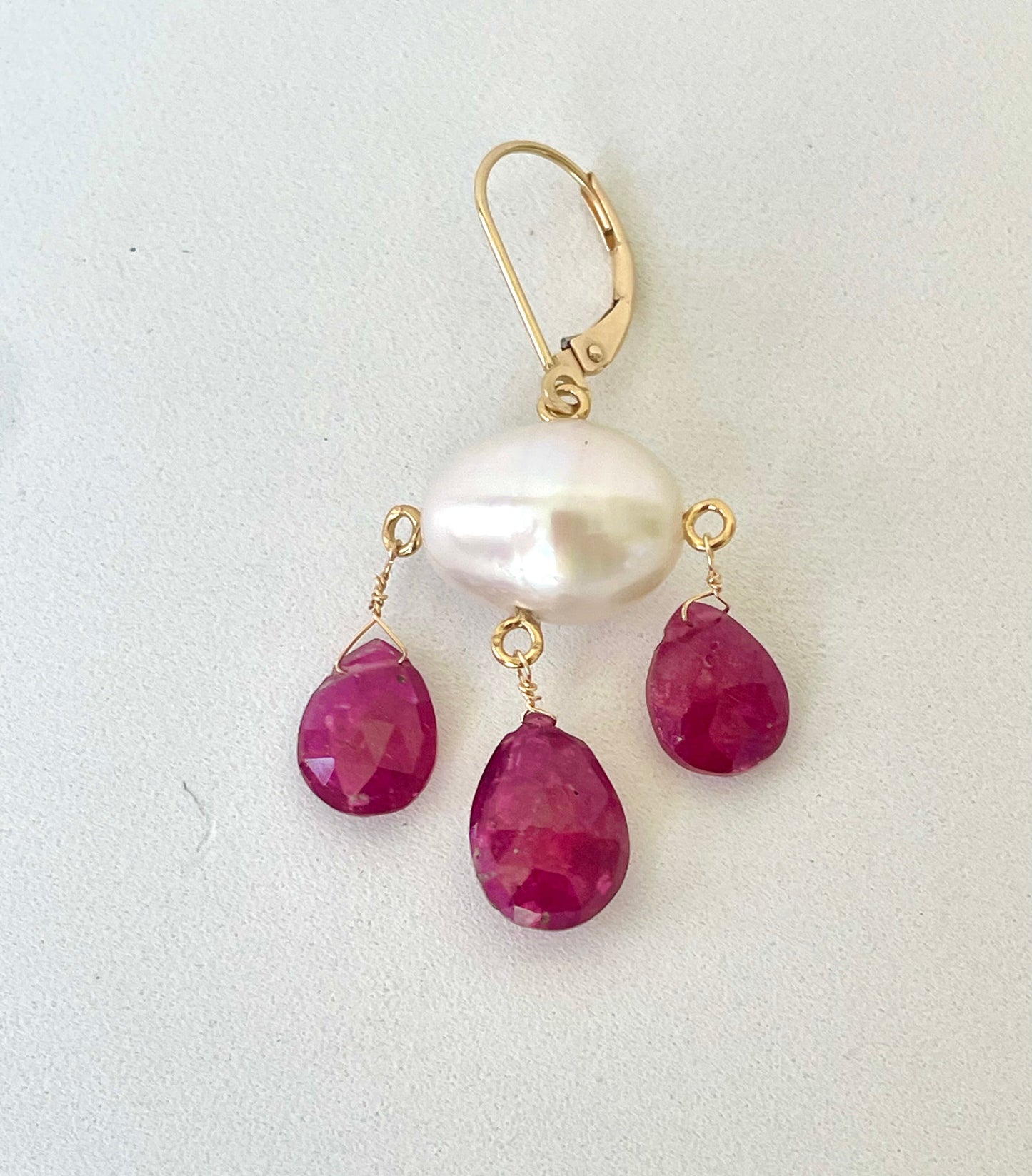 Garnet & Pearl Three Drop Earrings with 14k Yellow Gold