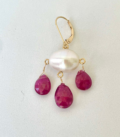 Garnet & Pearl Three Drop Earrings with 14k Yellow Gold