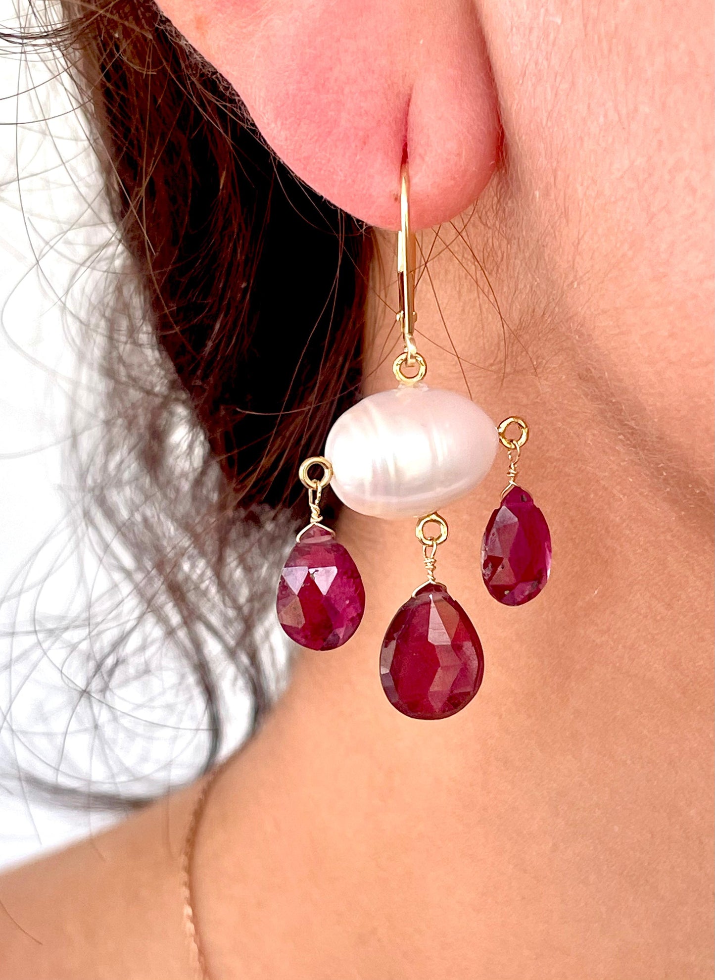 Garnet & Pearl Three Drop Earrings with 14k Yellow Gold