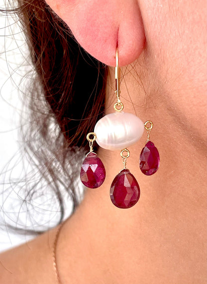 Garnet & Pearl Three Drop Earrings with 14k Yellow Gold