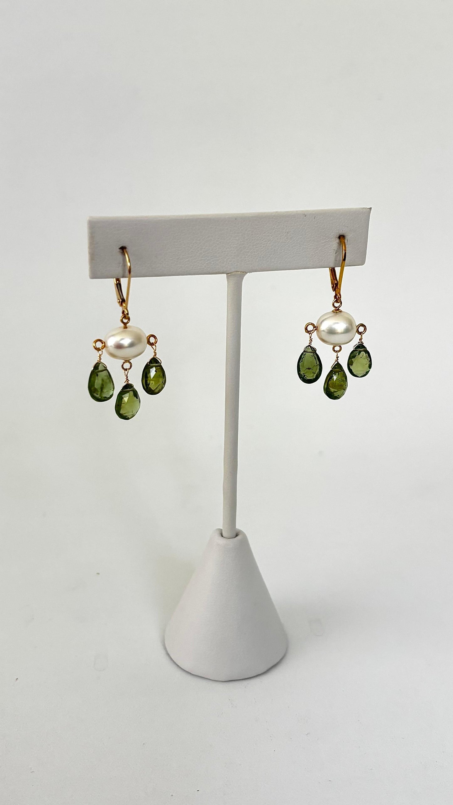 Green Tourmaline and Pearl Three Drop earring