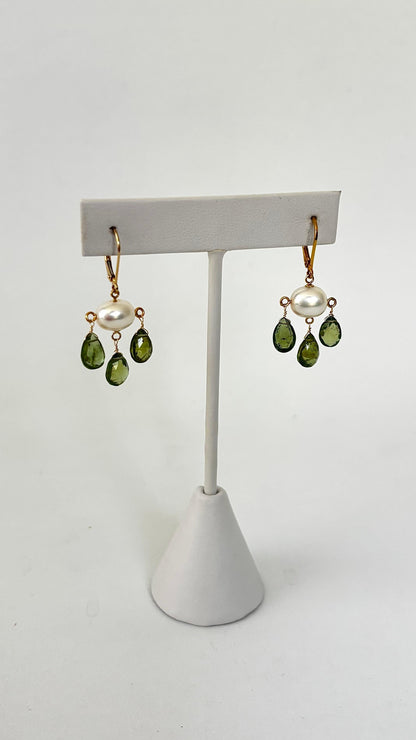 Green Tourmaline and Pearl Three Drop earring