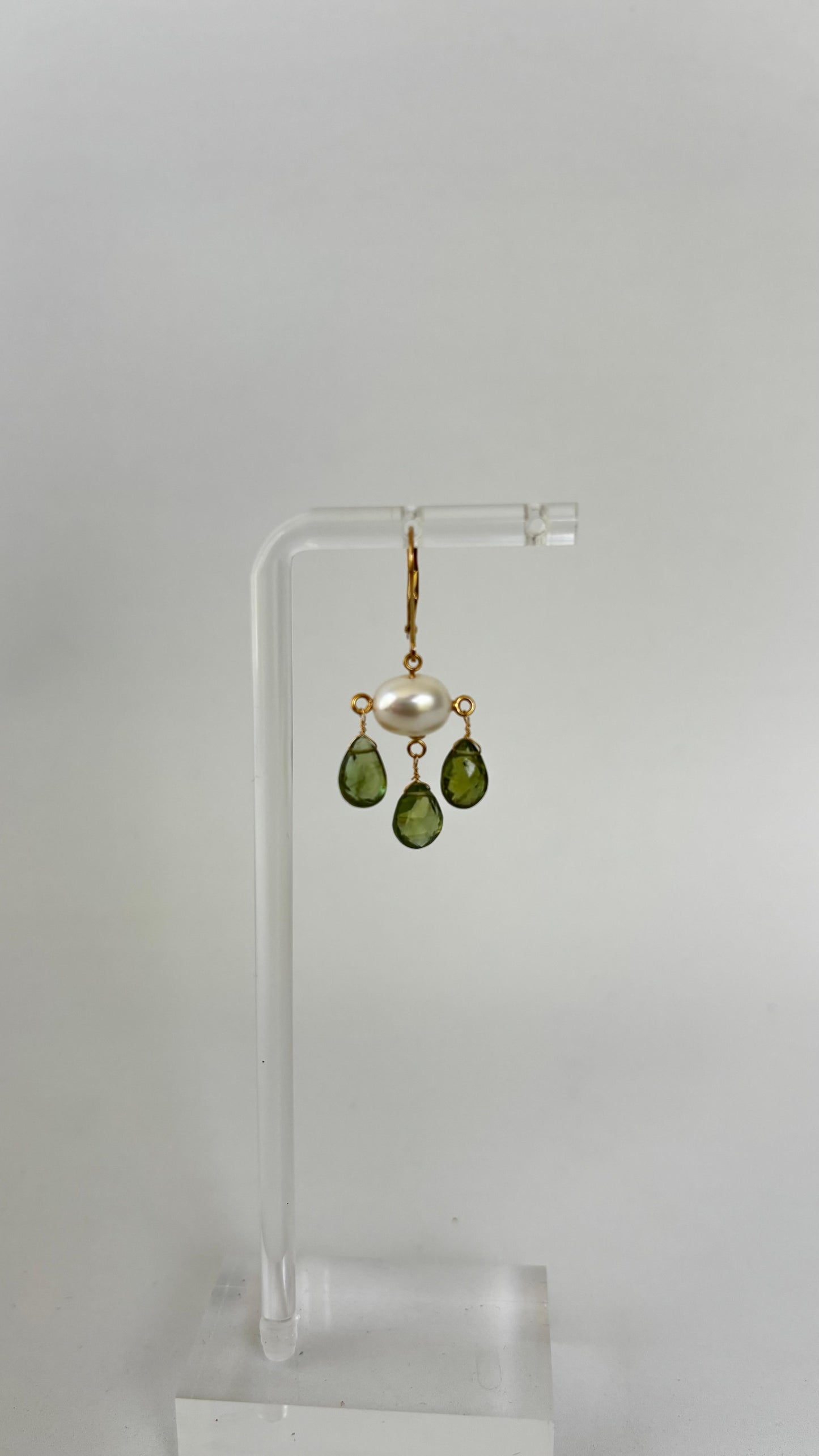 Green Tourmaline and Pearl Three Drop earring