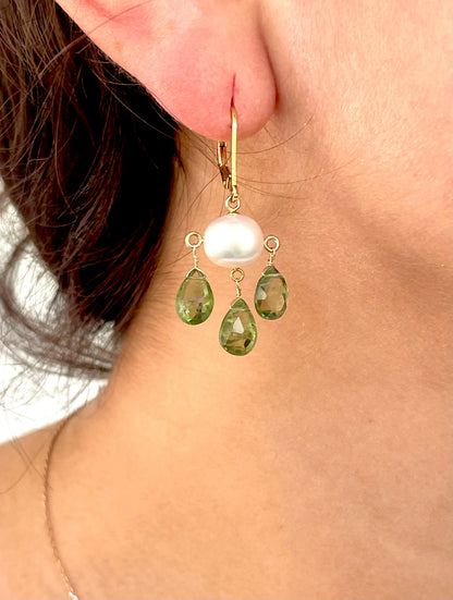 Green Tourmaline and Pearl Three Drop earring