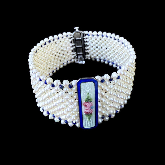 Pearl & Lapis Lazuli Woven Bracelet with Floral Enamel Centerpiece