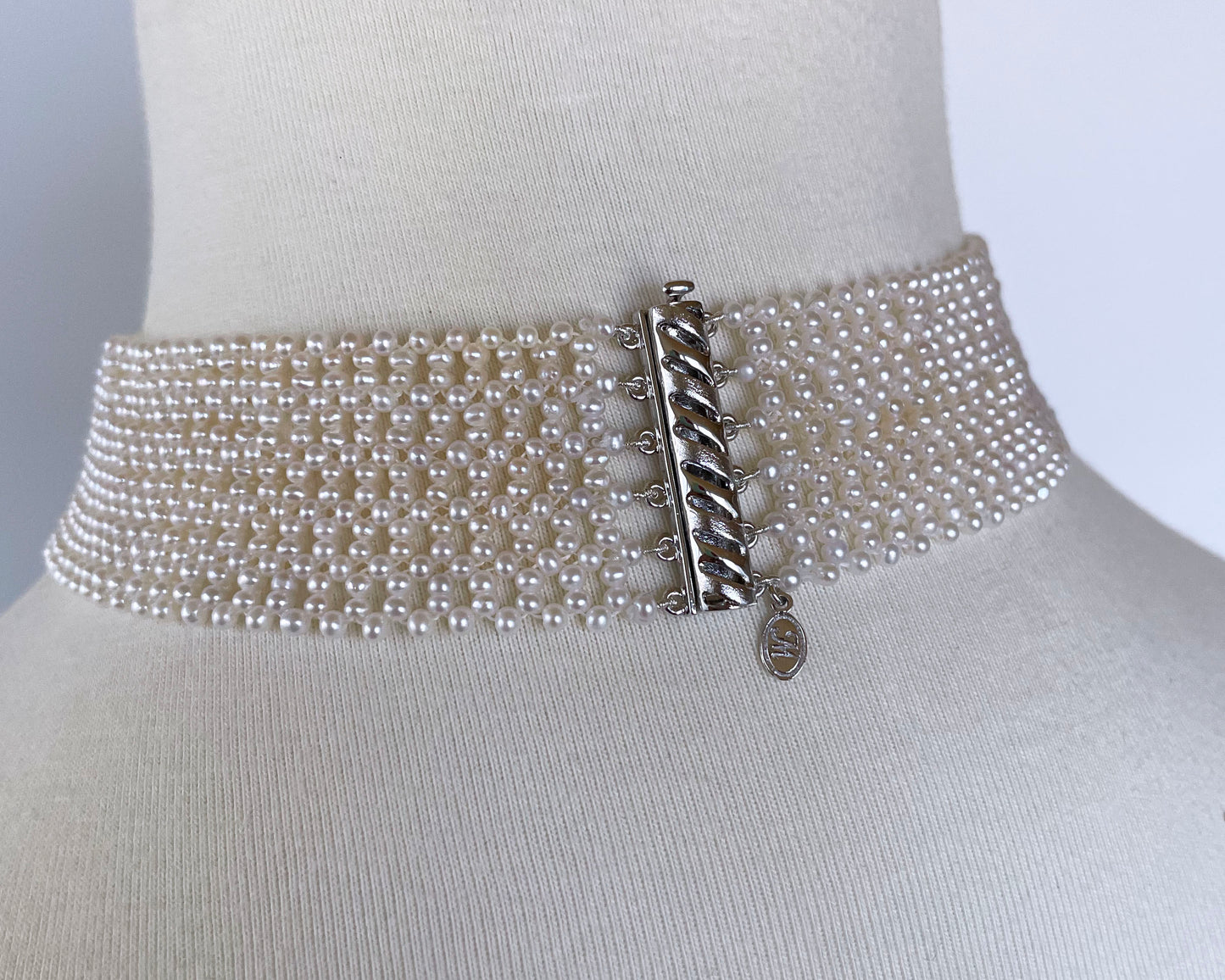 Lace Woven Pearl Choker with Rhodium Plated Silver Clasp