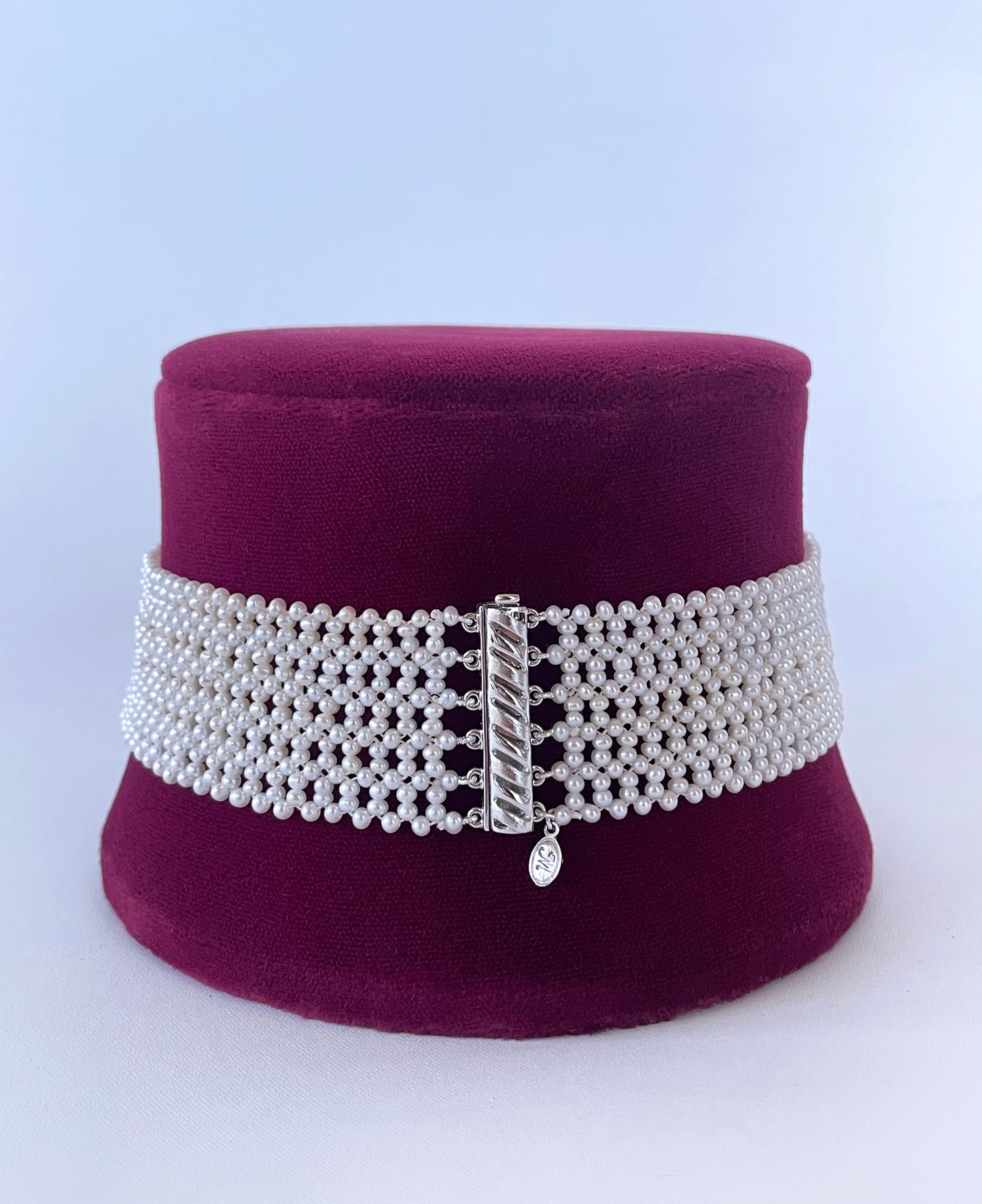 Lace Woven Pearl Choker with Rhodium Plated Silver Clasp